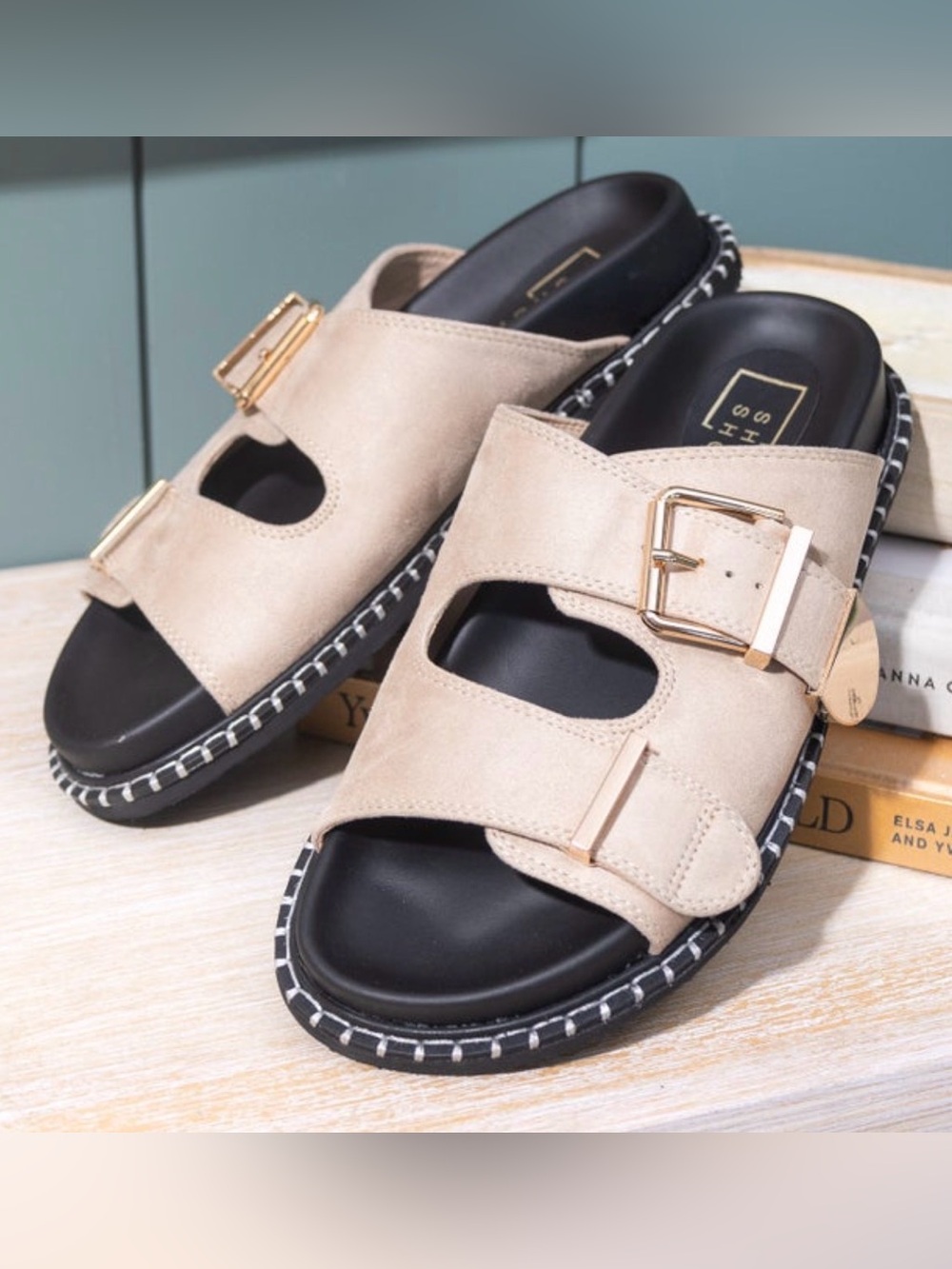 ShuShop Charlotte Beige Suede Double-Buckle Slide Sandals with Black Footbed